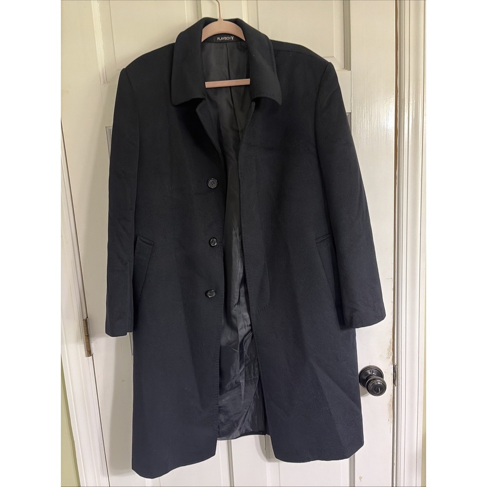 VTG Playboy Black Wool Blend Top Coat Men's Sz Medium Sheep Wool And Camel Hair
